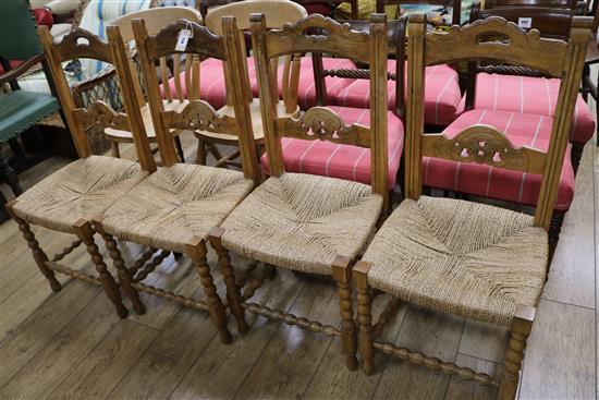 A set of four French provincial fruitwood chairs with string seats and two other chairs (6)